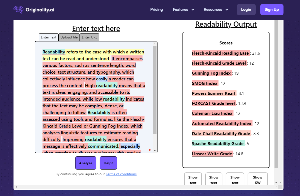 Originality AI check readability score