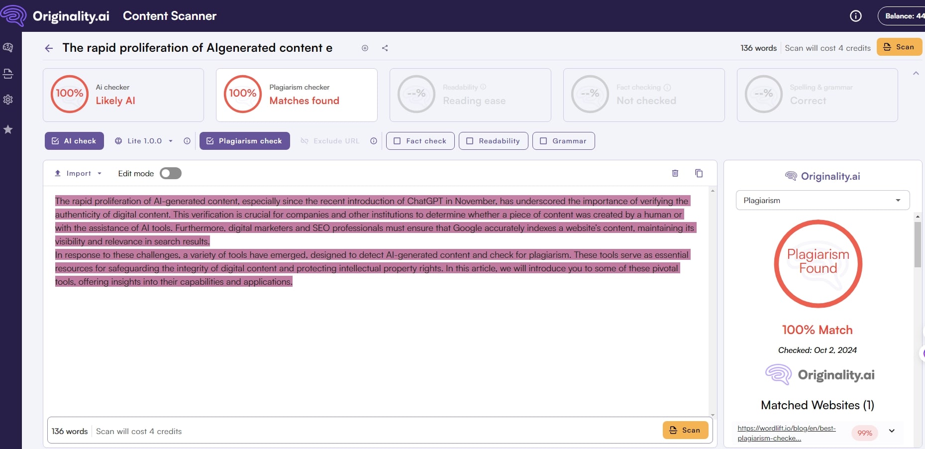 Plagiarism test result from Originality AI