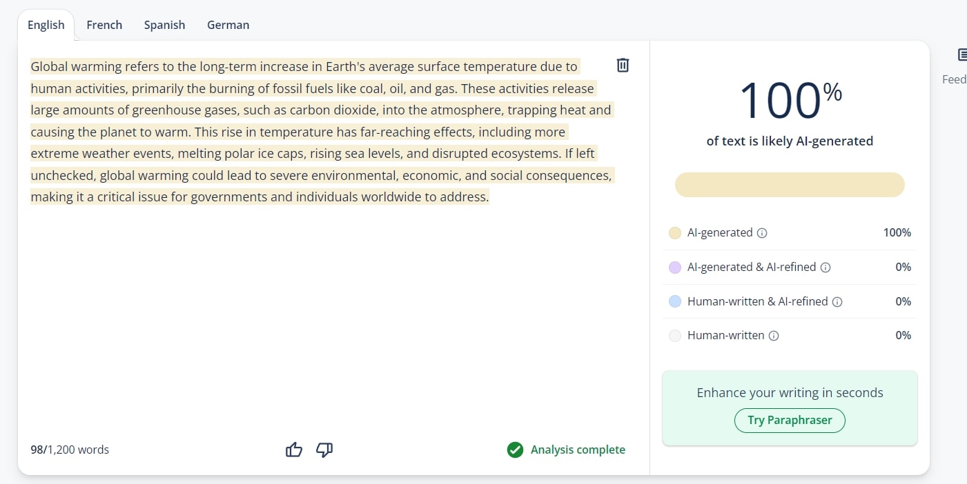 QuillBot AI Detector Finds AI- Generated Content