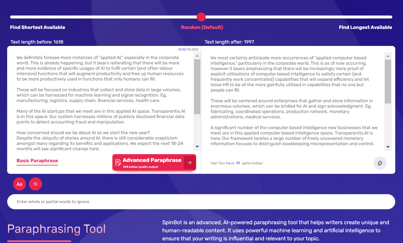 SpinBot Paraphrasing Output