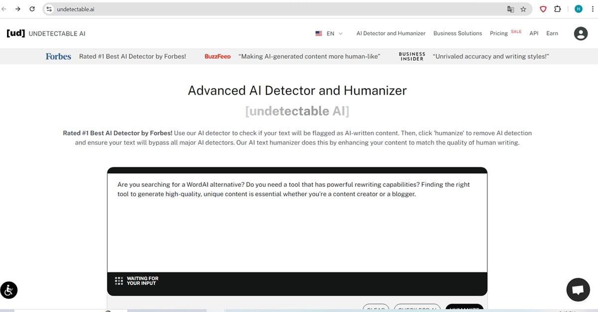 Undetectable AI is Wordtune alternative that includes an AI detector