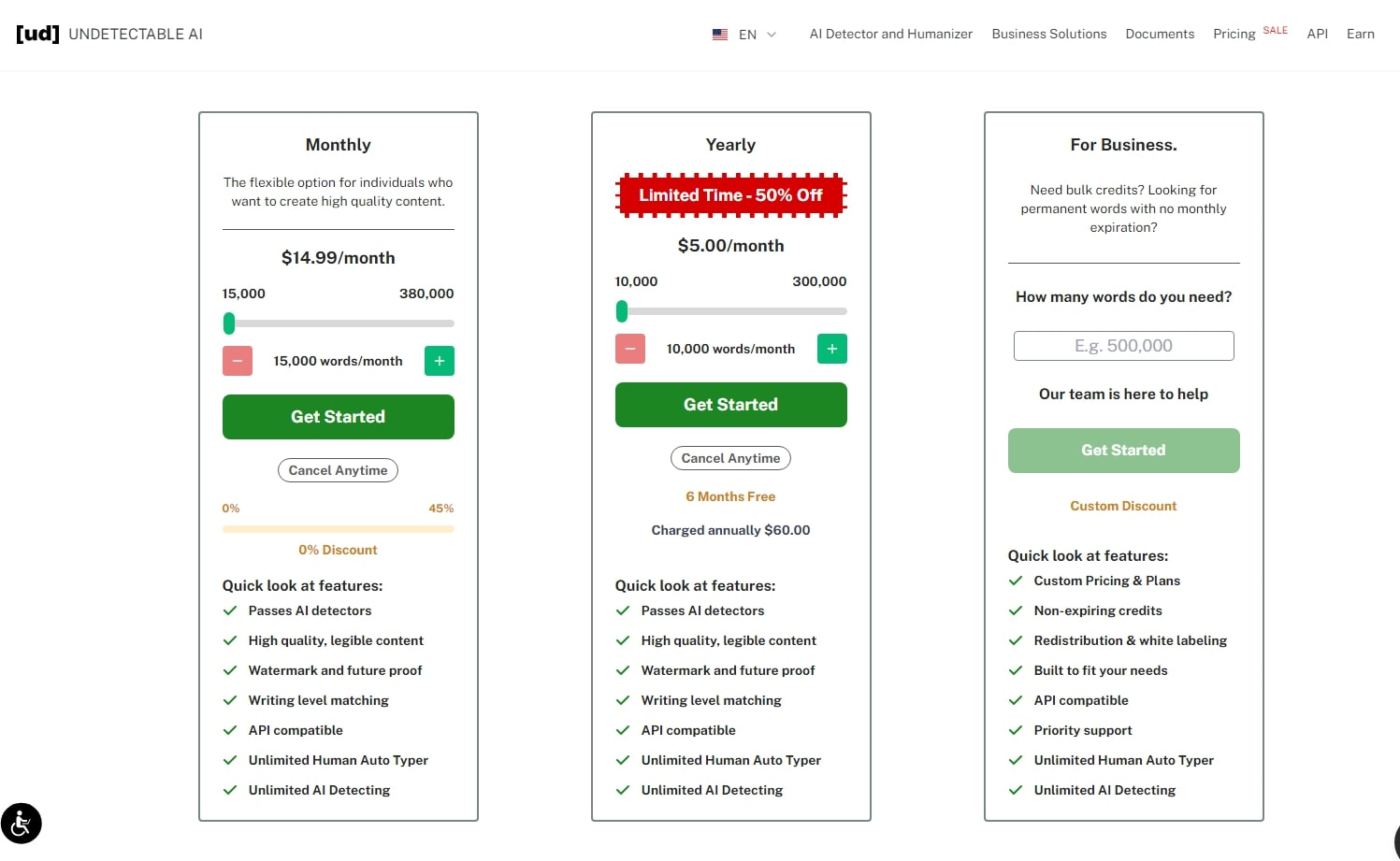 Undetectable AI pricing plan