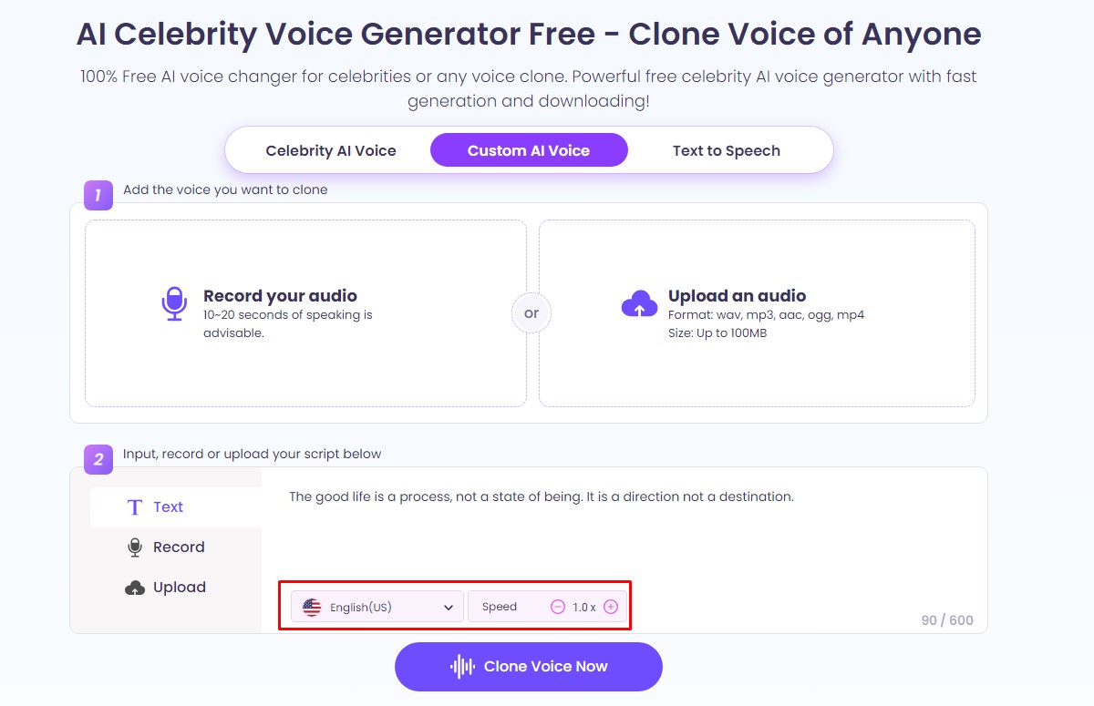 Adjust Squidward AI Voice in language and speed