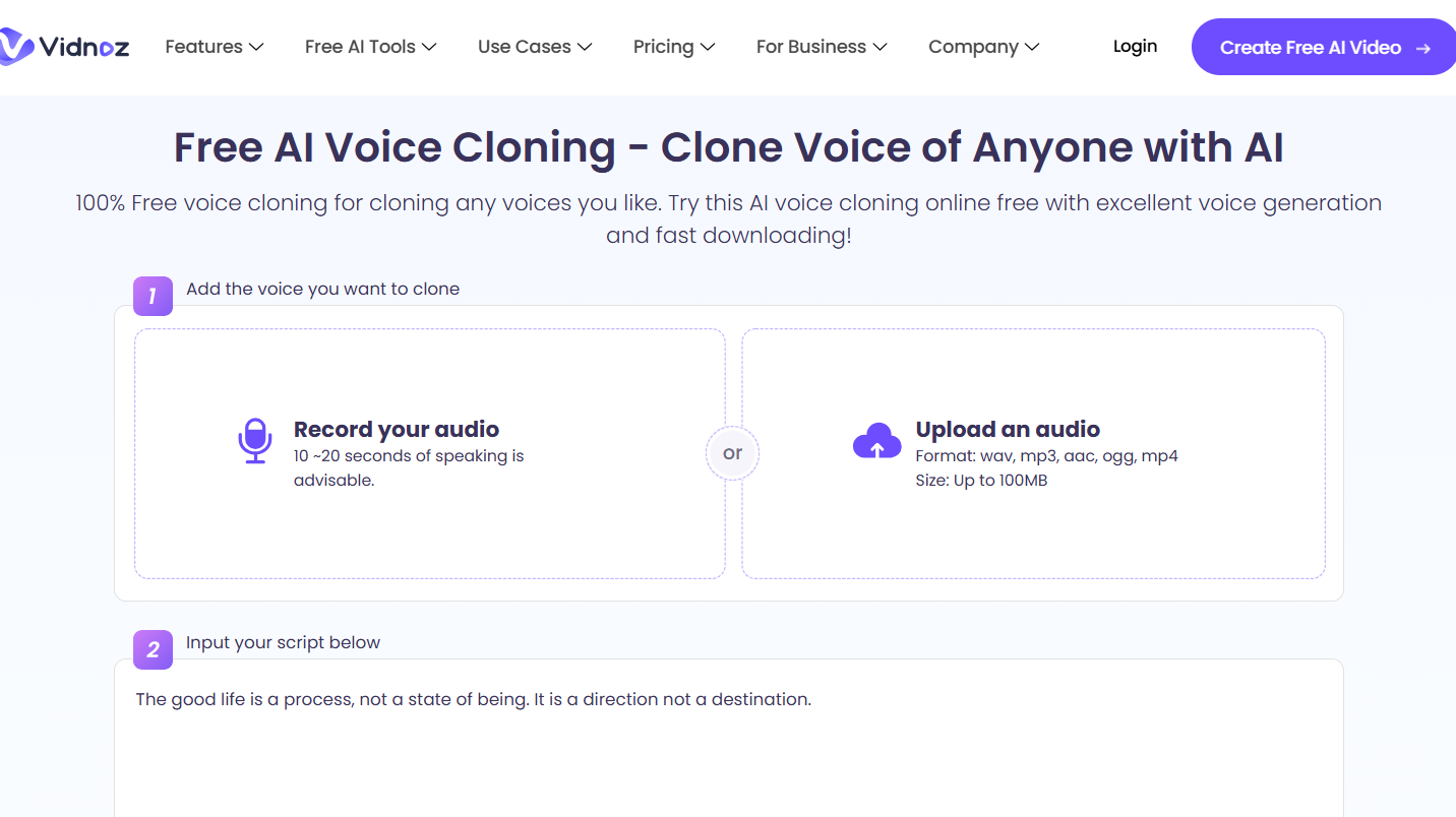 Vidnoz Tool for Free AI Voice Cloning