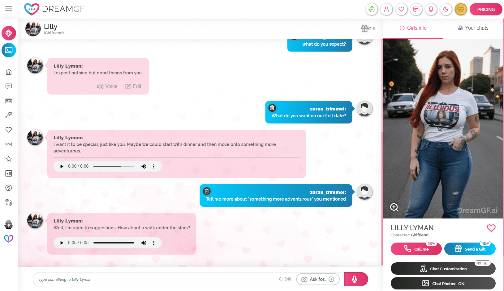 Convert message to voice in DreamGF chat