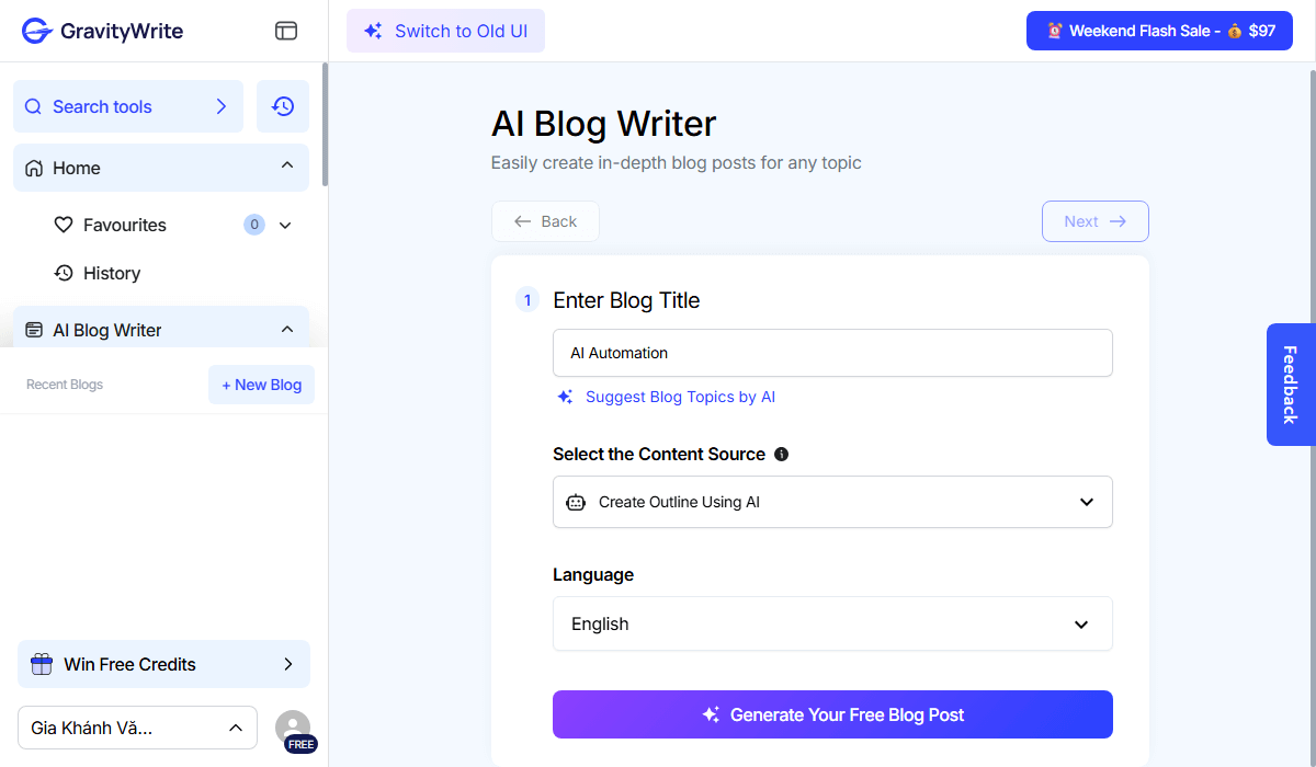 Step 1 of the GravityWrite AI Blog Writer, showing the title input