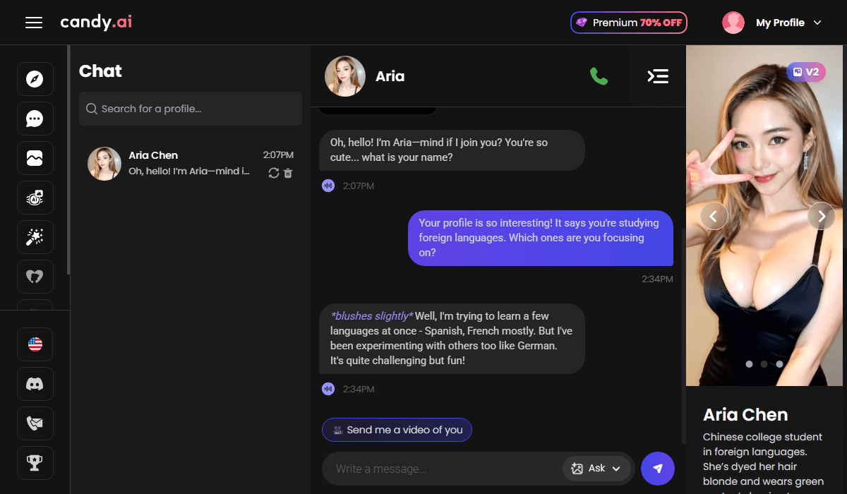 Chat screenshot showing Aria Chen's consistent, human-like reply.
