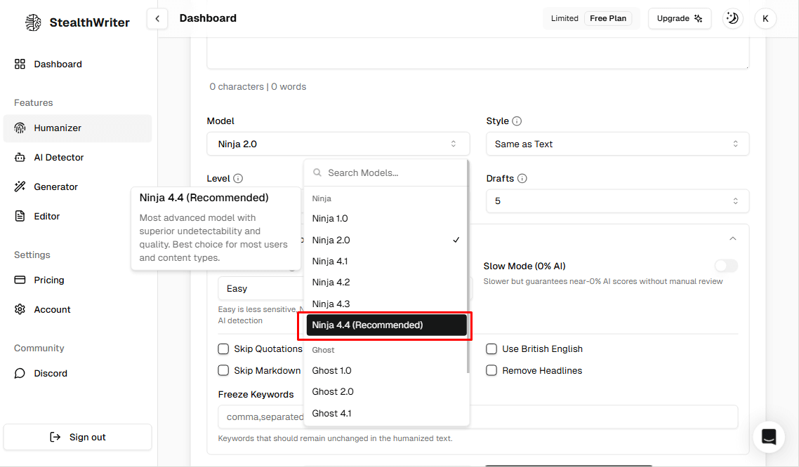 Use Model 4.4, optimized for undetectability in tests
