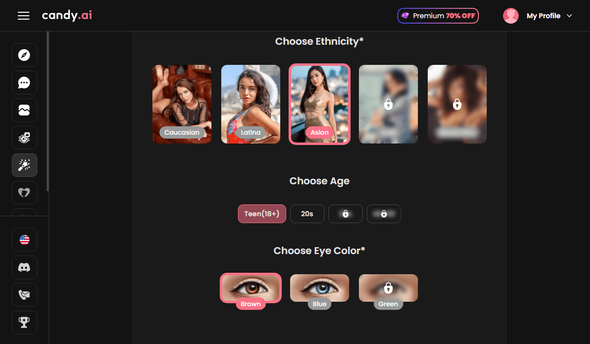 Customize AI girlfriend's ethnicity, age, eyes, hair, body.