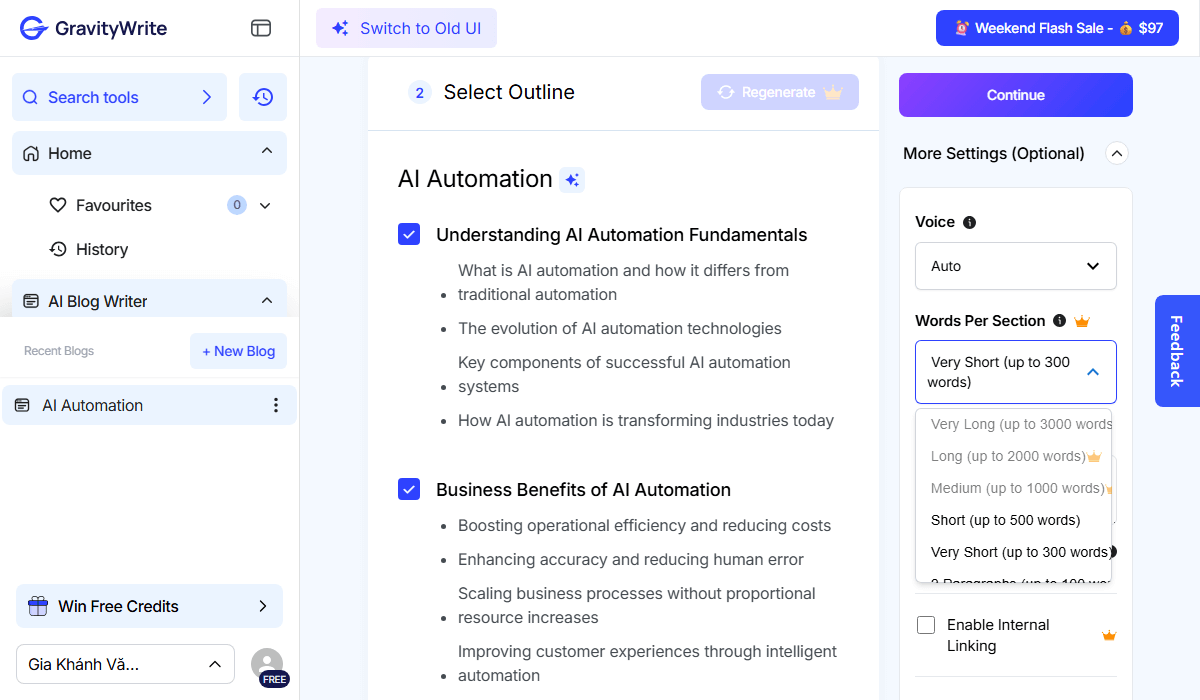 The GravityWrite AI Blog Writer showing the generated outline and settings