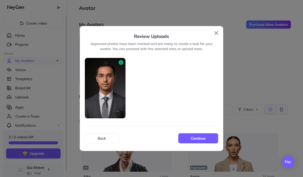 Uploading a photo of Zoran to create a custom avatar in HeyGen