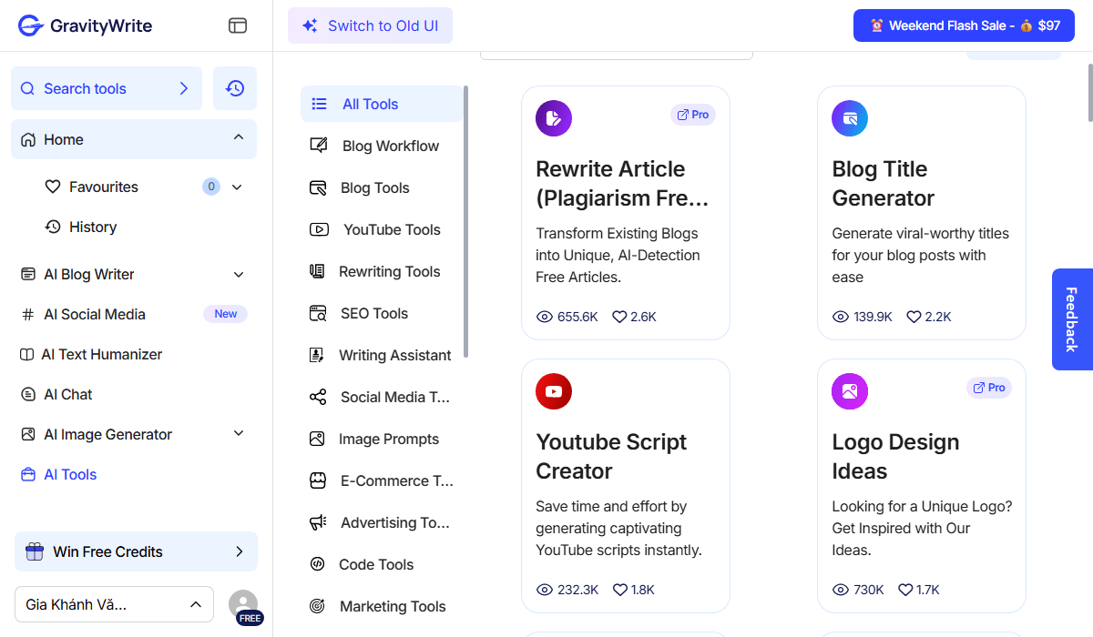 GravityWrite dashboard showing the AI tools and categories