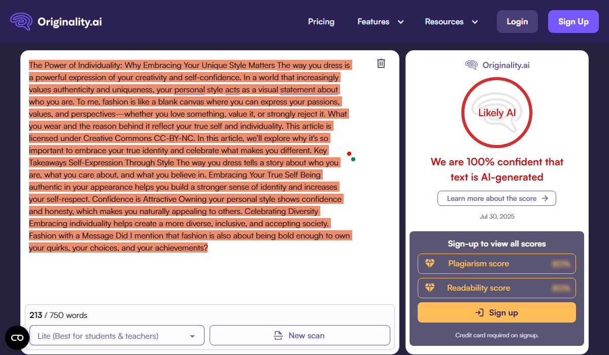 Originality AI detects 100% of AI-generated content created by ChatGPT