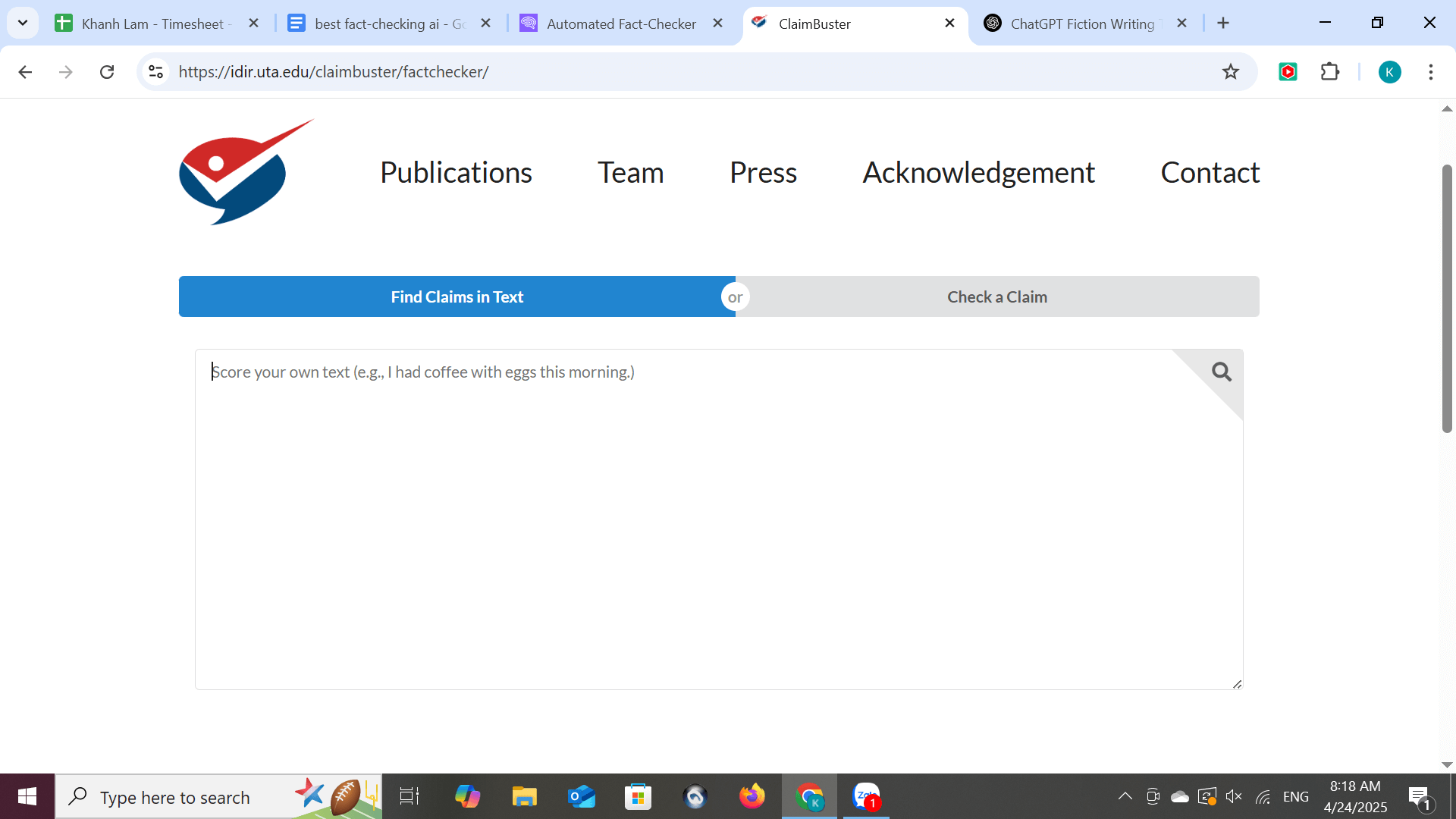 ClaimBuster Fact-Checking Tool Interface and Homepage