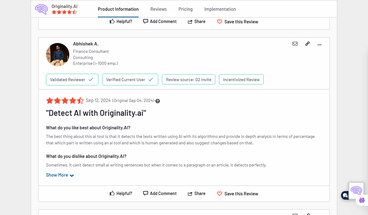 Review highlighting Originality AI's ease of use and fast document scanning.