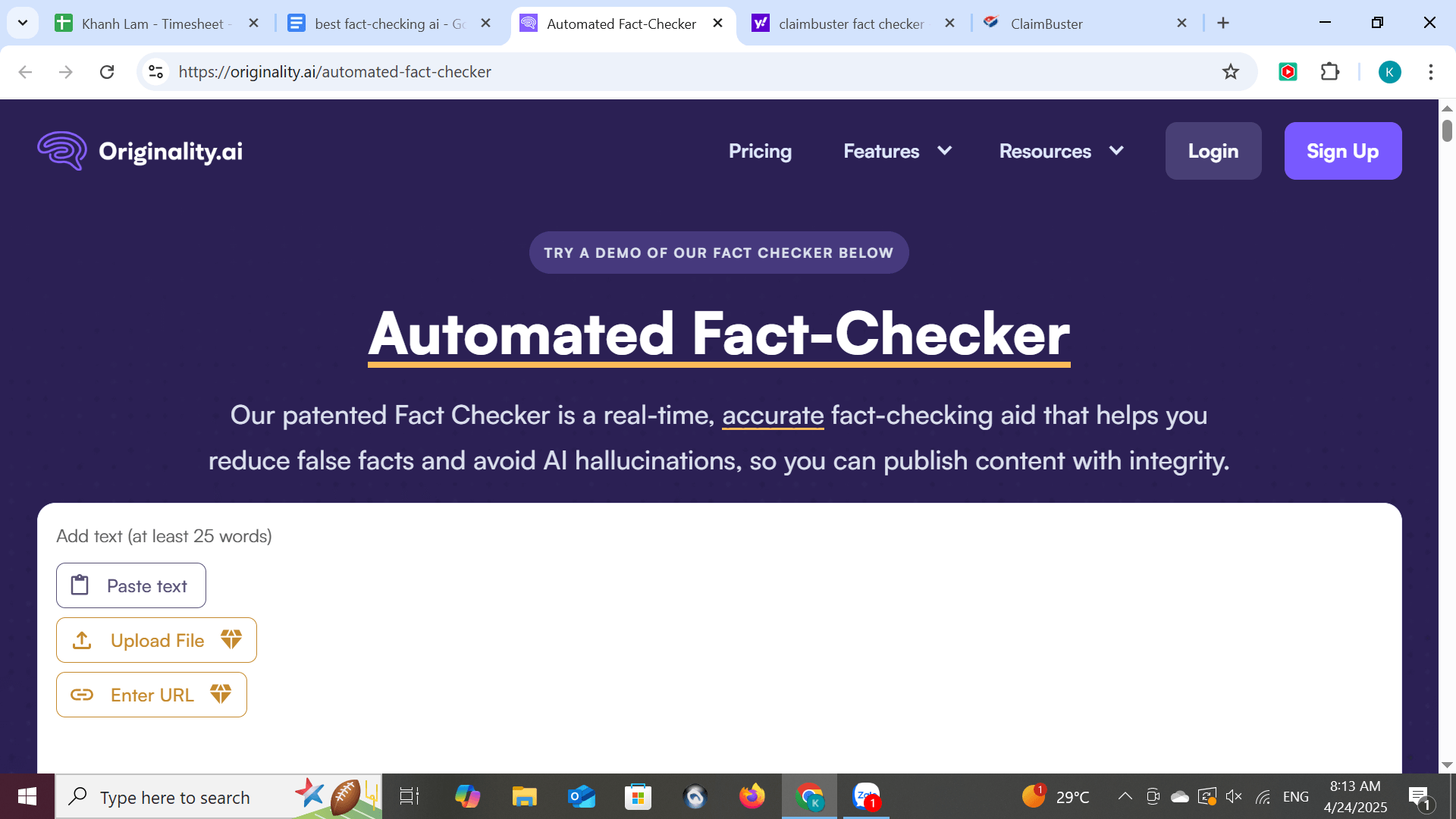 Originality AI Fact-Check Tool Interface