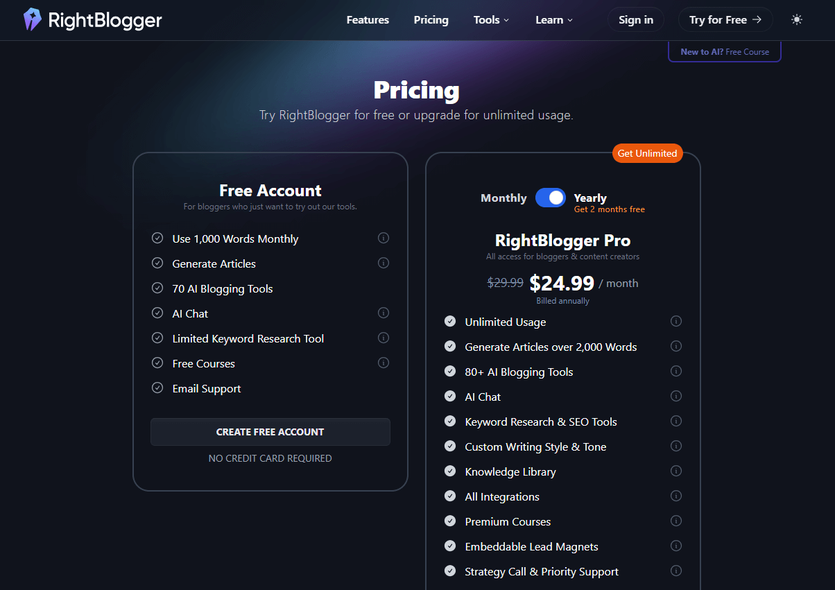 Pricing Plans of RightBlogger