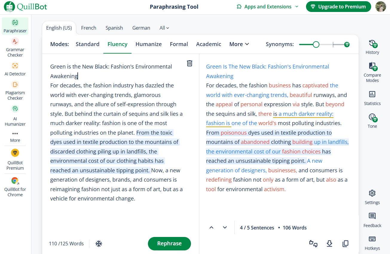 Using QuillBot to Paraphrase The AI Text
