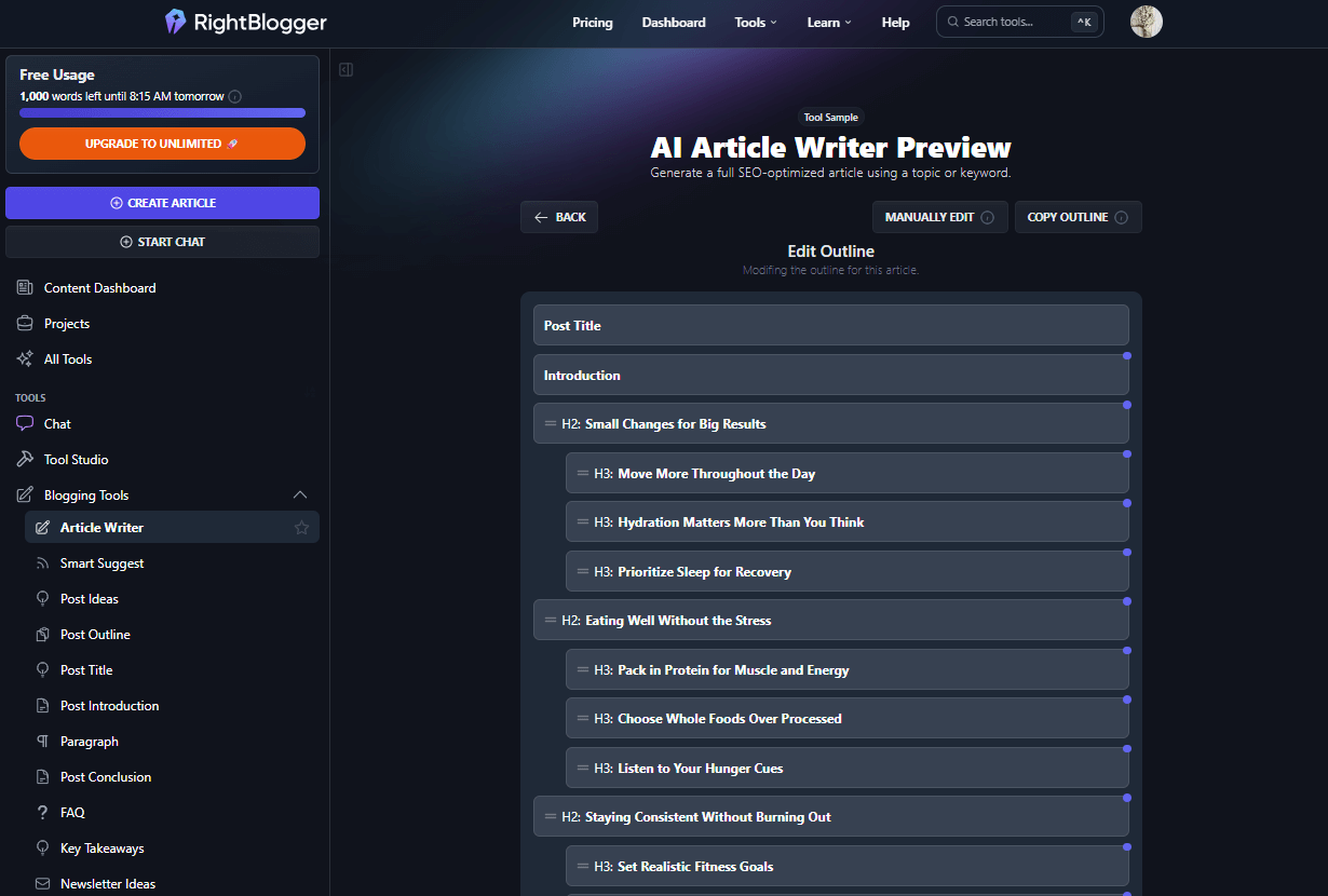 RightBlogger Outline Editing