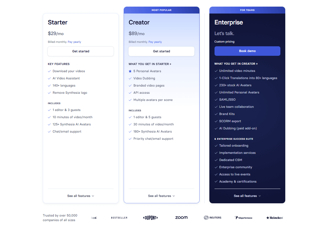 Pricing Plans of Synthesia