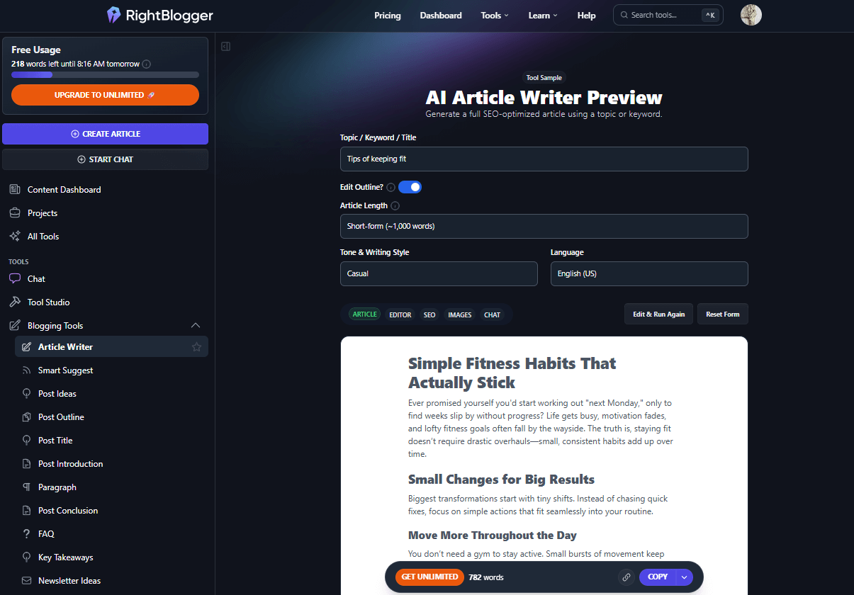 RightBlogger’s AI Article Writing