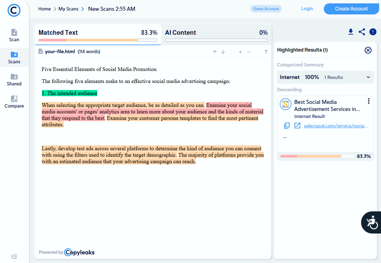Copyleaks Detected Plagiarism on QuillBot Text