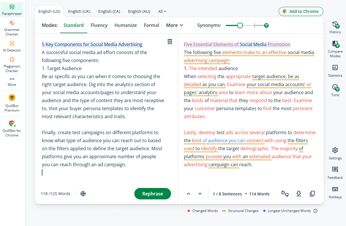 Rephrasing Text Using QuillBot Standard Mode