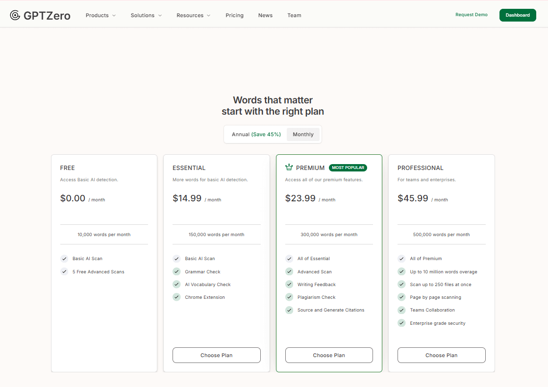 GPTZero Pricing Plans