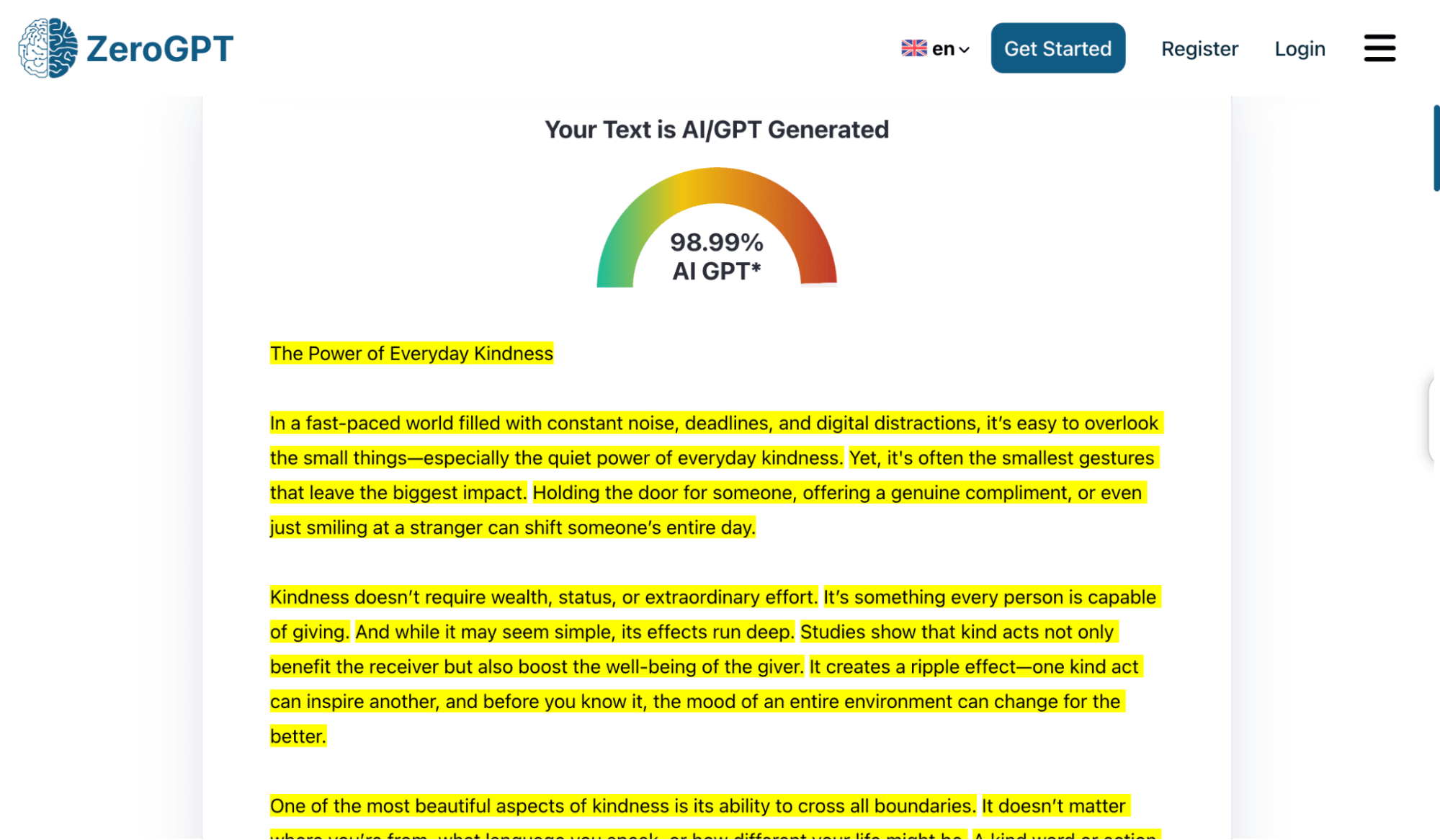 ZeroGPT marks it as AI-generated with a 98.99% rate.