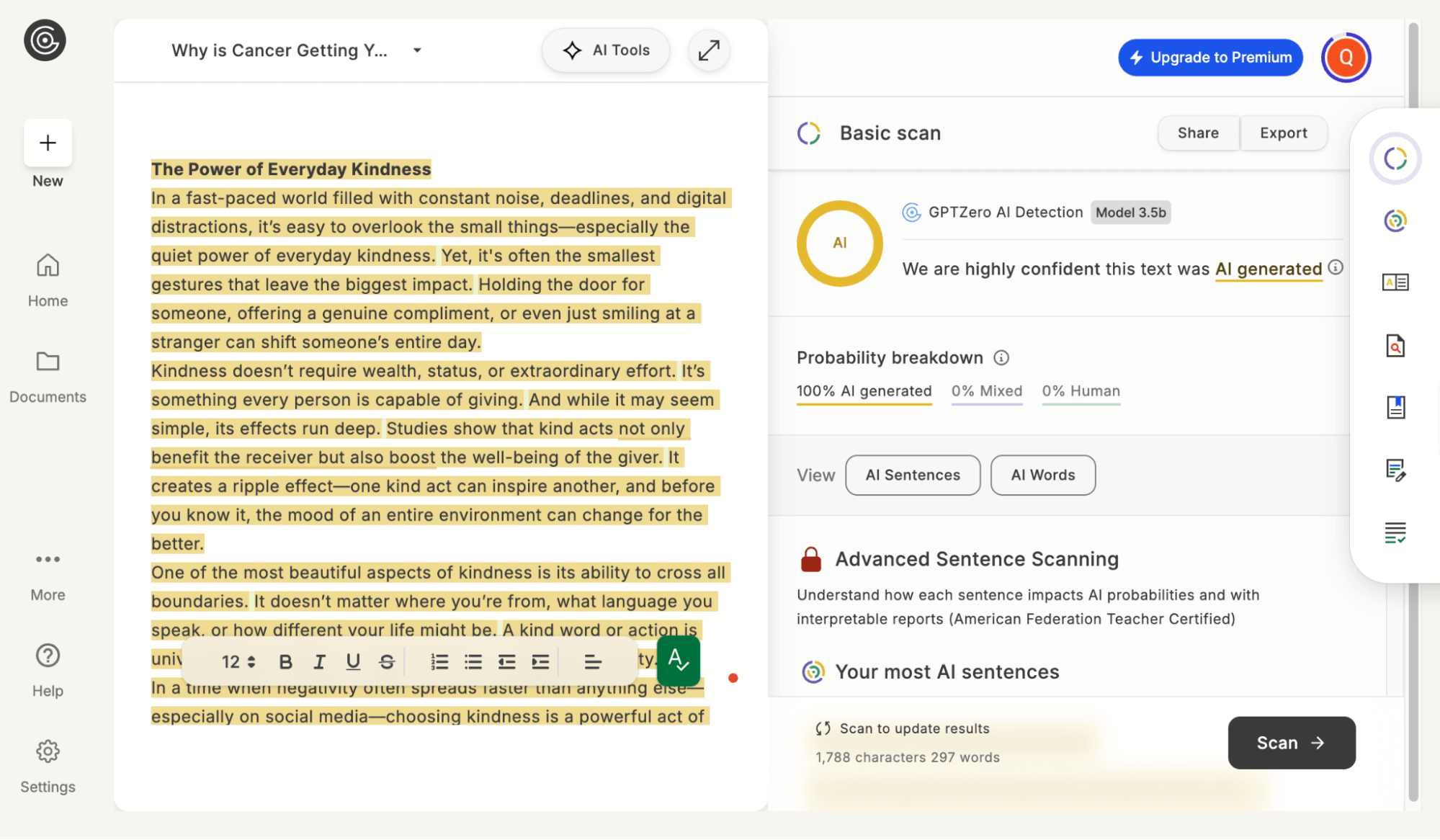 GPTZero flagged the article as AI-generated at 100%.