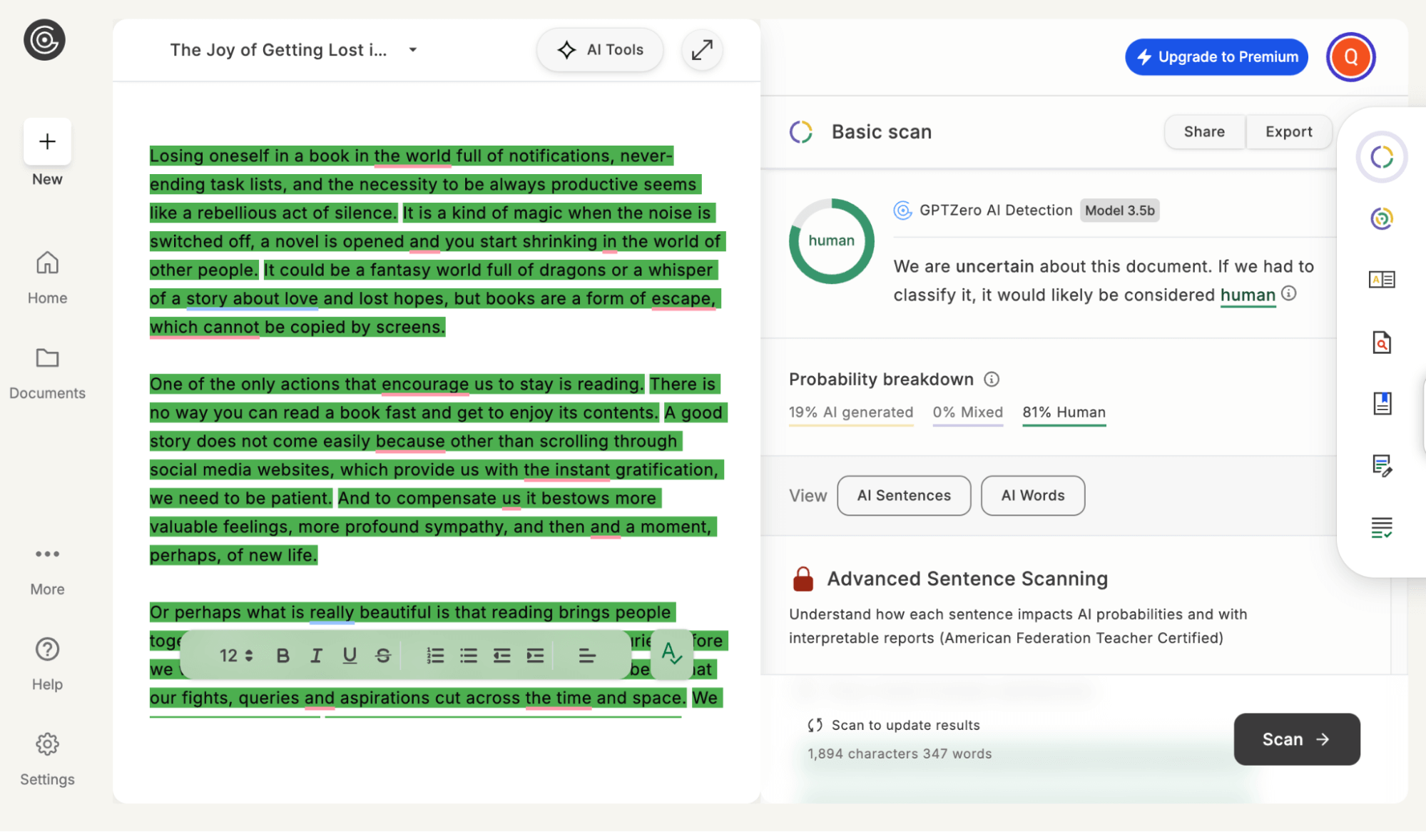 GPTZero's AI Detection Feature