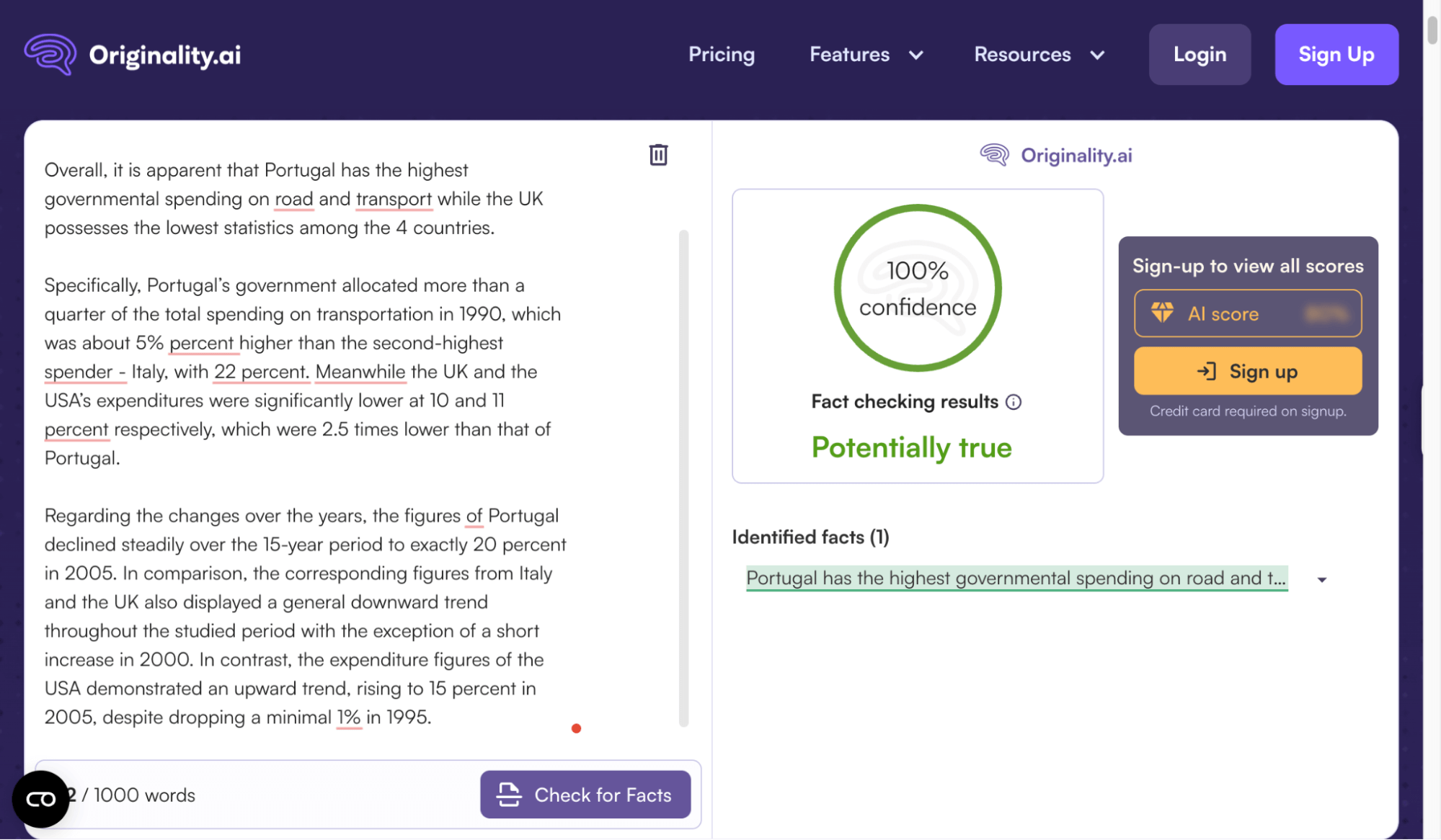 Originality AI Fact Checker Function