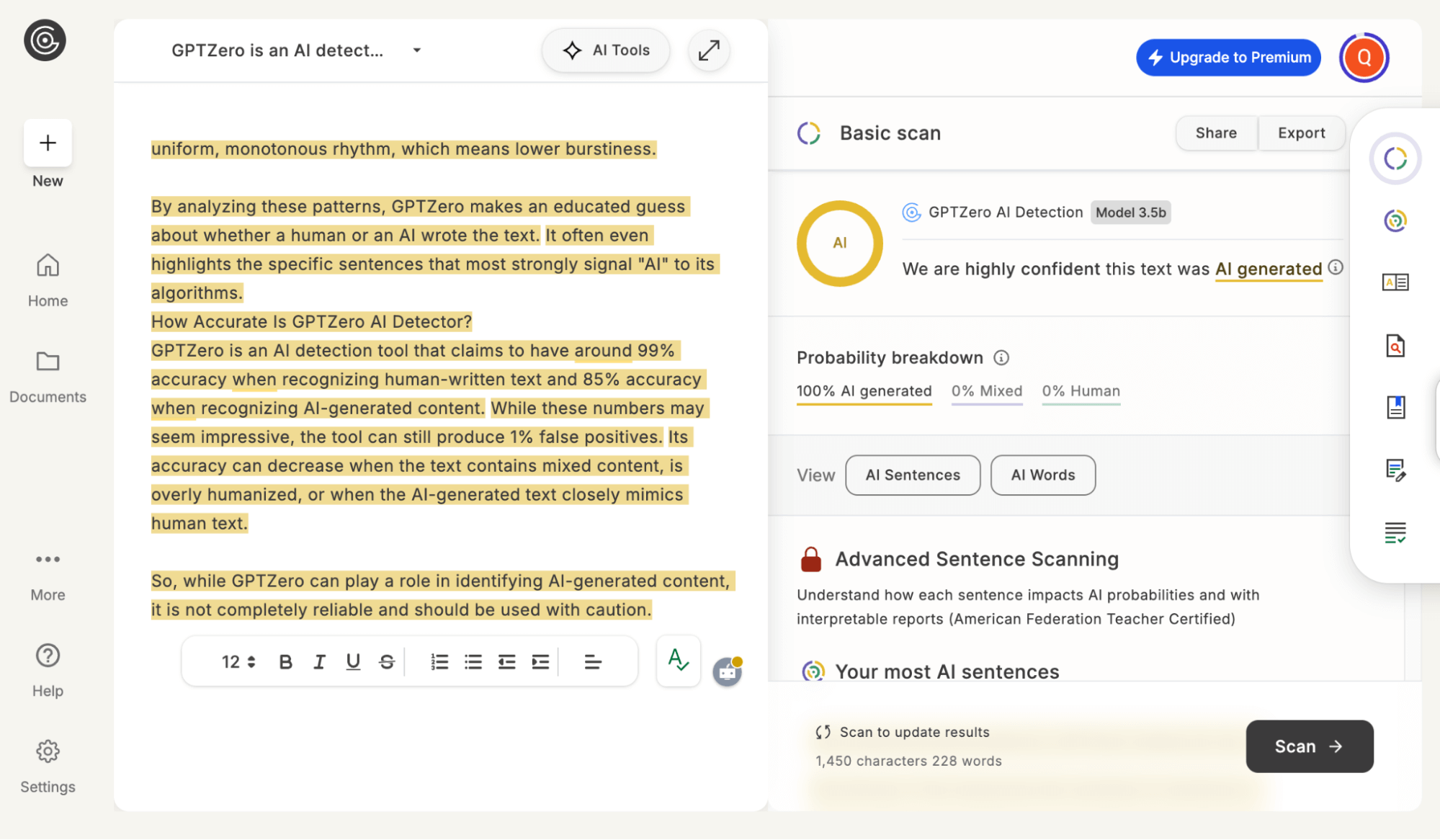 GPTZero's AI Detection Function