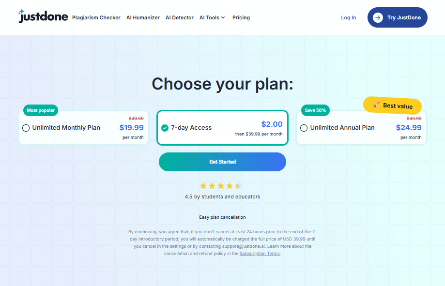 JustDone AI’s Pricing Plan