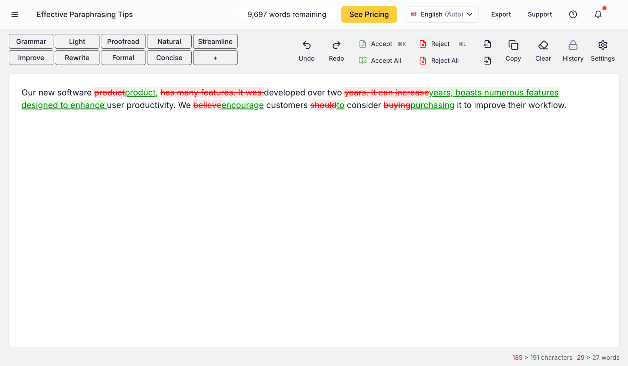 editGPT's Paraphrasing Function