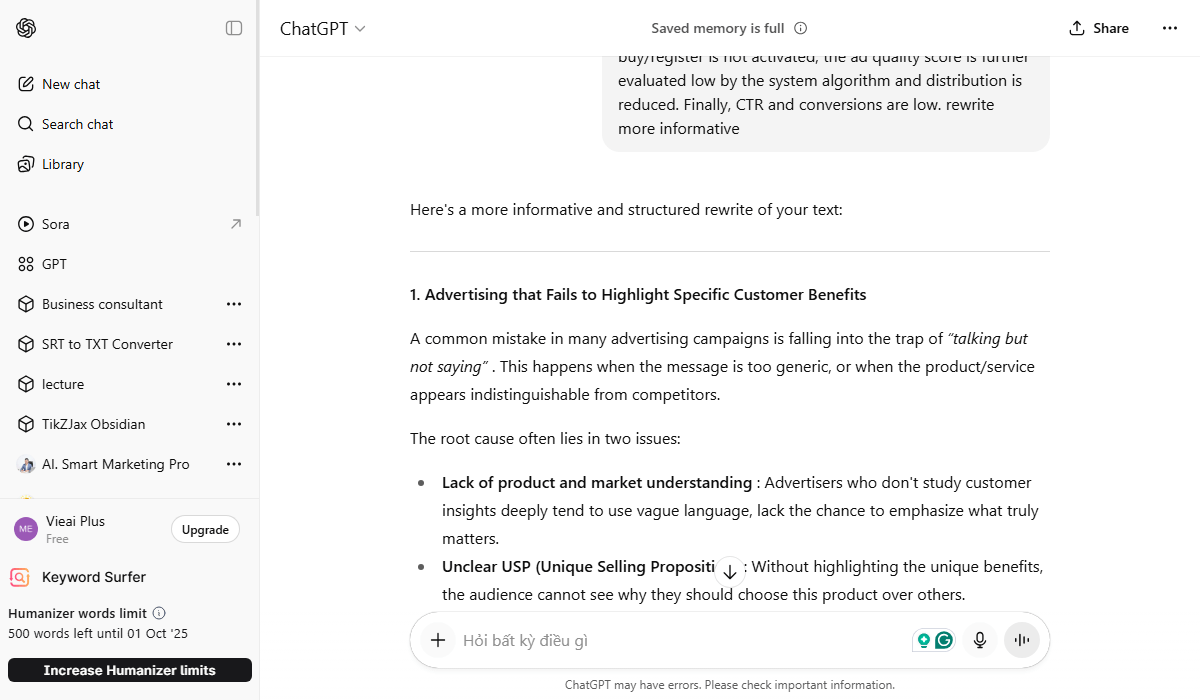 Editing in ChatGPT needs detailed prompts