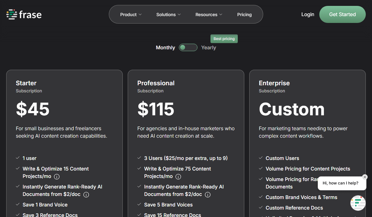 Frase Pricing Plan