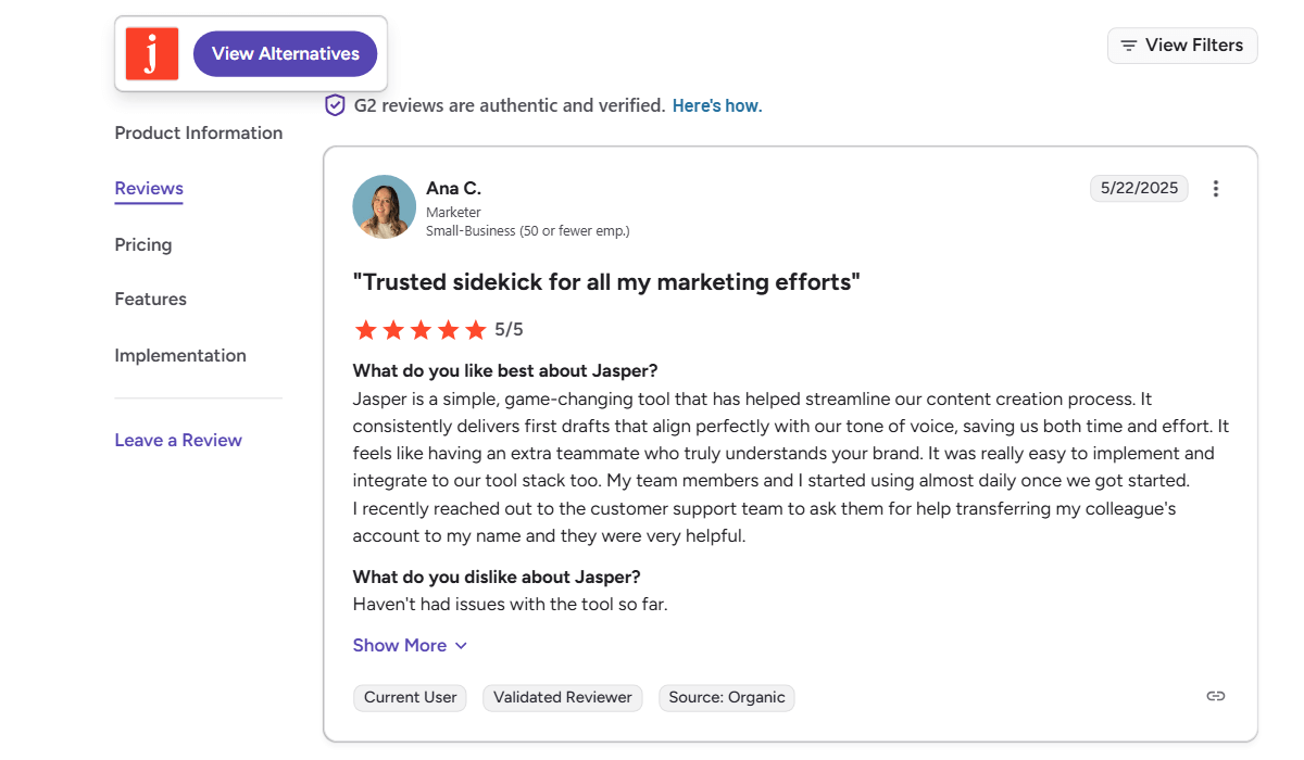 Jasper AI Review: Another user review of the G2 platform