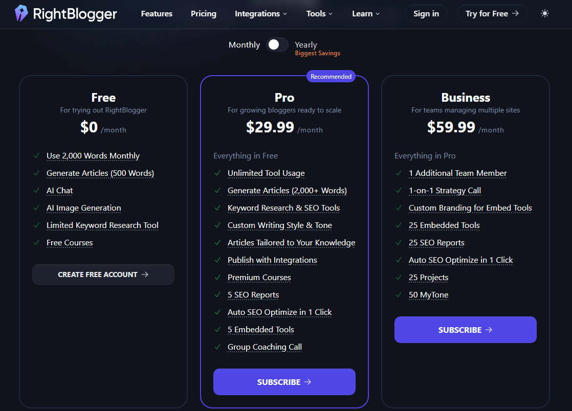 RightBlogger Pricing Plans