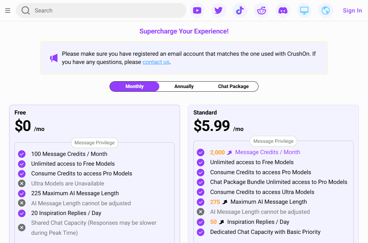 Pricing Plans of CrushOn.AI