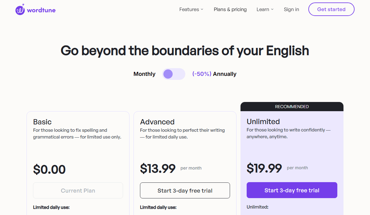 Wordtune Pricing Plan