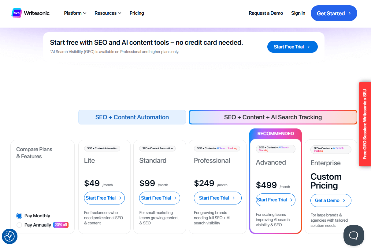 Writesonic AI vs ChatGPT: Writesonic’s Pricing Plans