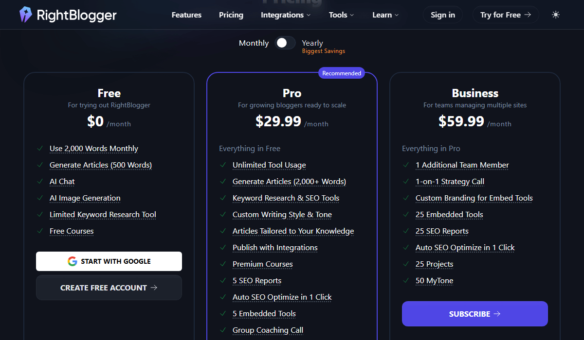 Rightblogger Pricing Plans