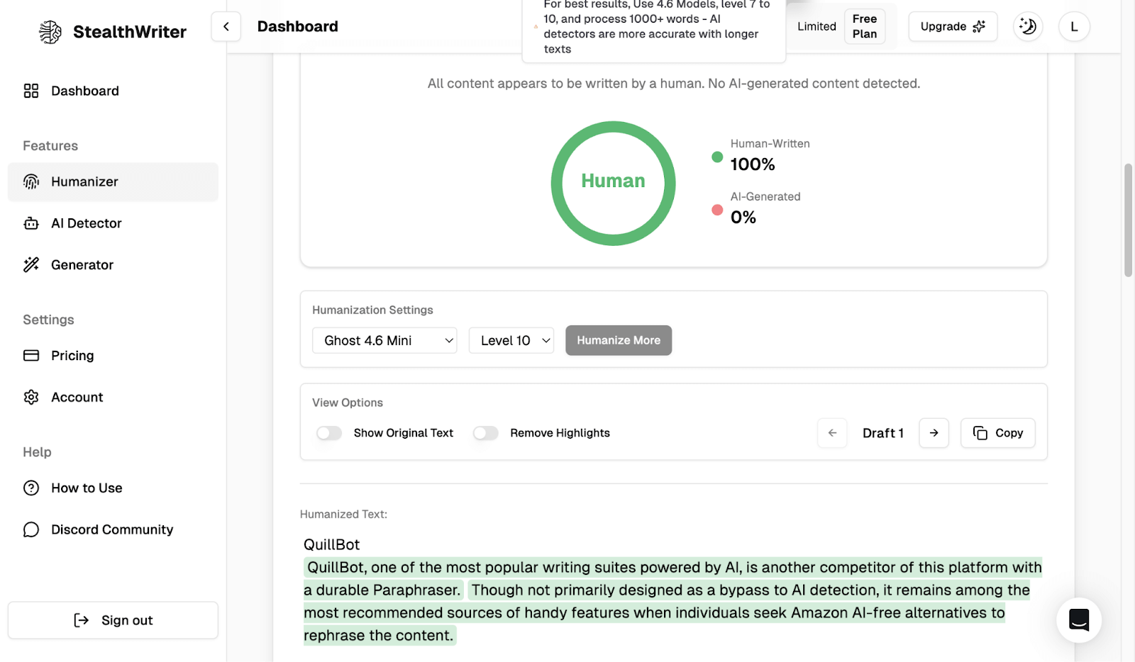 Undetectable AI Free Alternative: StealthWriter's Humanization Features