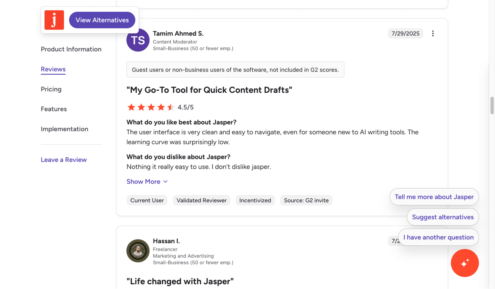 Jasper AI Review: User reviews on the G2 platform