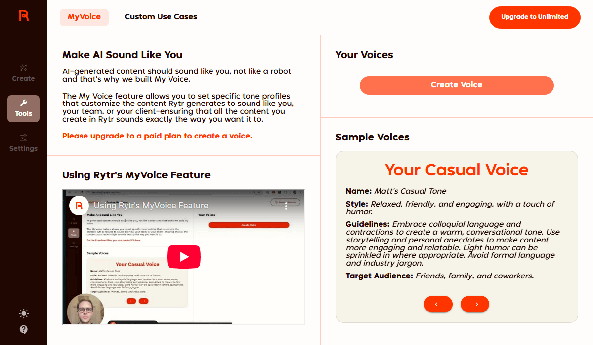 Jasper AI My Voice tool for custom tone and brand consistency
