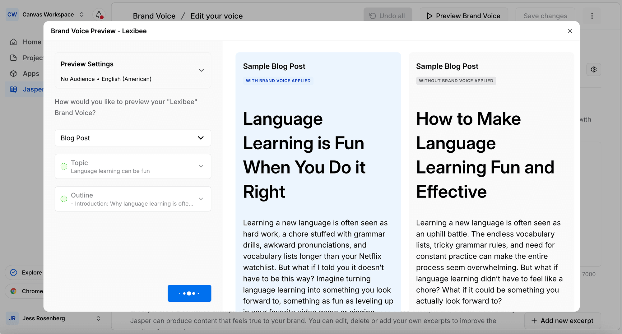 Jasper's Brand Voice feature learns your unique style
