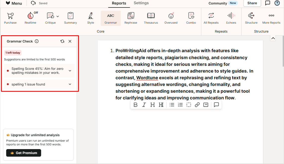 ProWritingAid excels in deep grammar checks with explanations