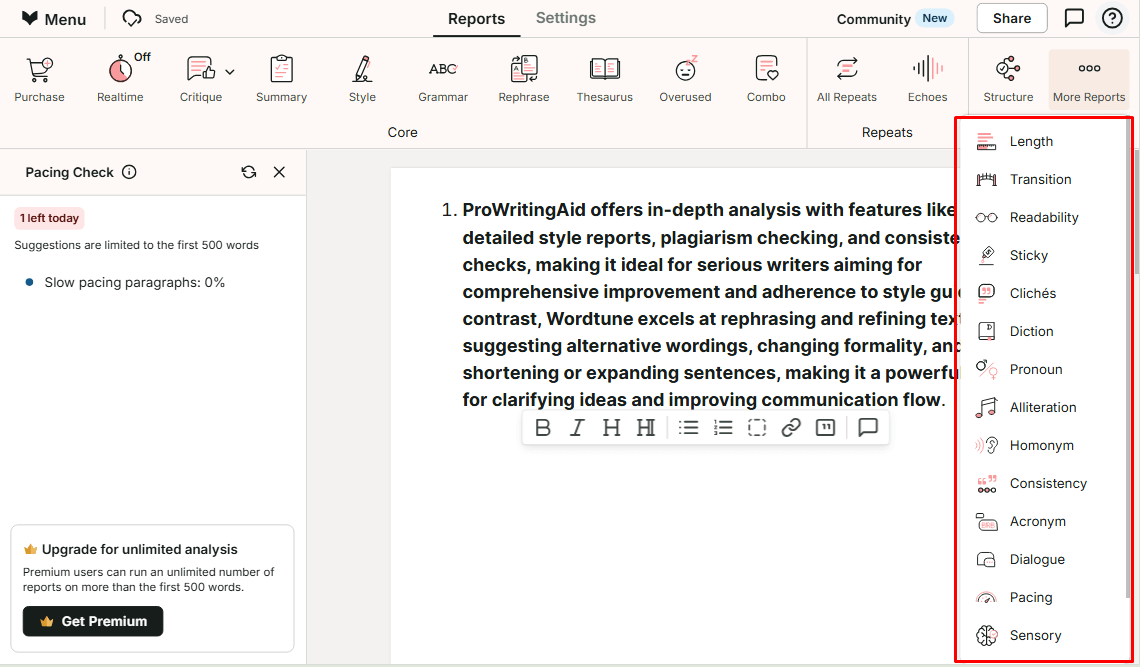 ProWritingAid offers 20+ detailed reports