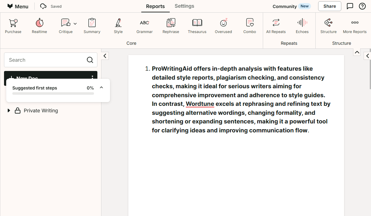 ProWritingAid rephrase works within structured editing reports
